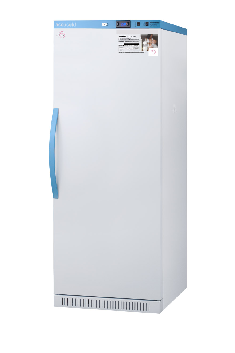 Purpose-built all-refrigerator for breast milk storage with 6 interior locking compartments, antimicrobial silver-ion handle, and hospital grade cord with 'green dot' plug